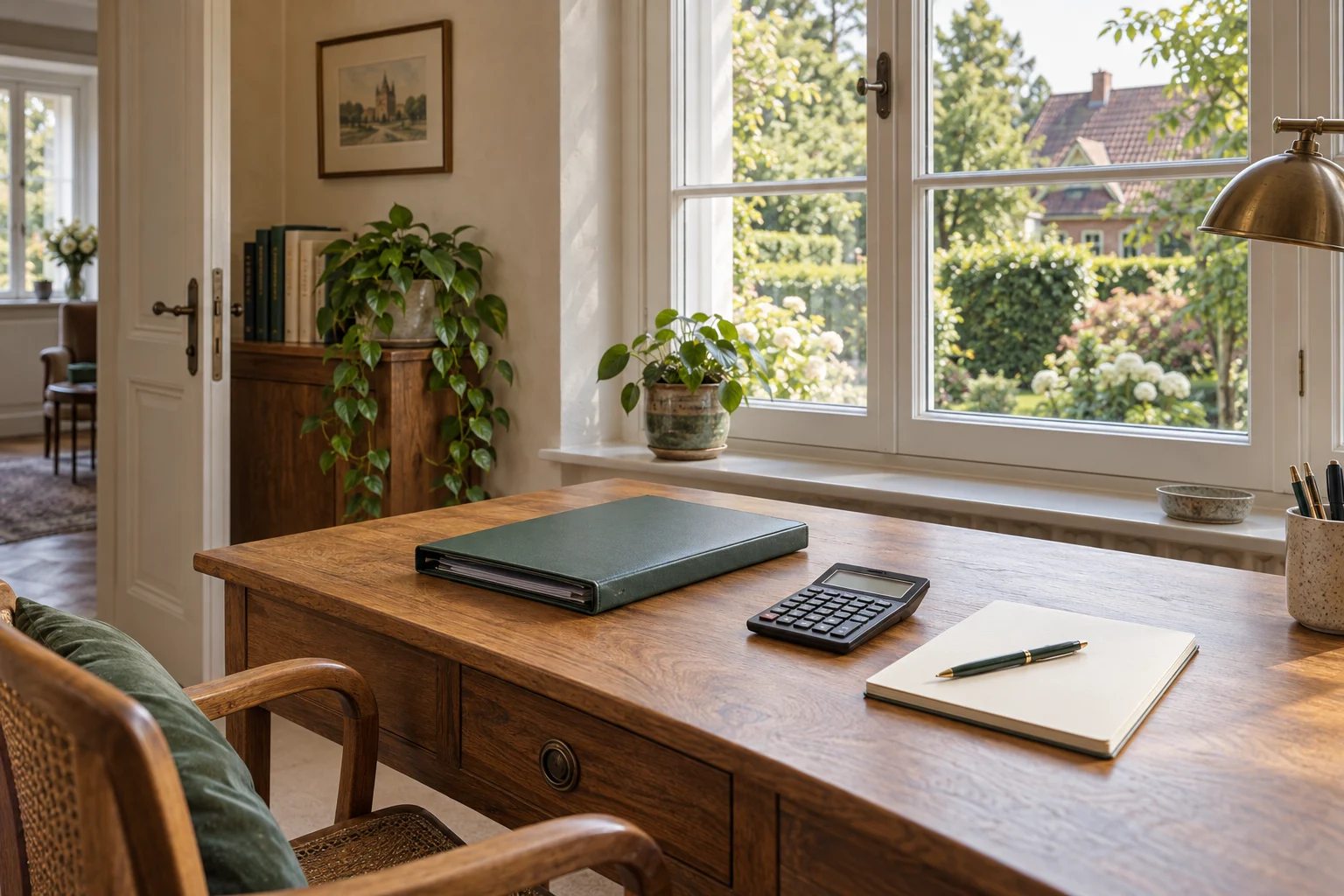 Geordneter Schreibtisch mit Dokumentenmappe, Taschenrechner und Notizbuch an einem Fenster zum Garten.